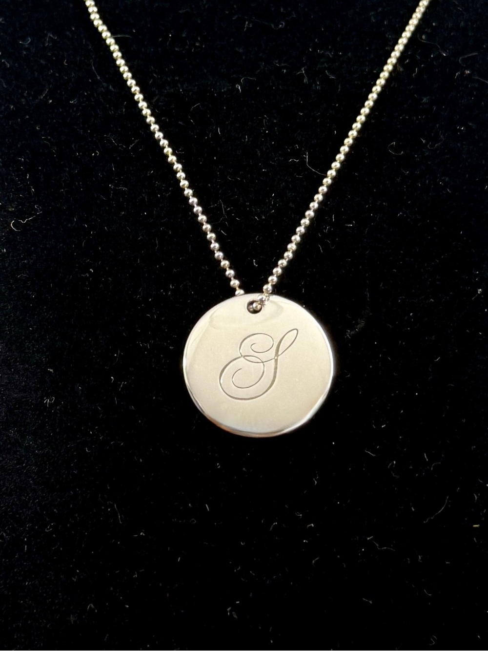 TIFFANY & CO. Sterling Silver Notes Alphabet Initial S Disc Pendant Necklace COA